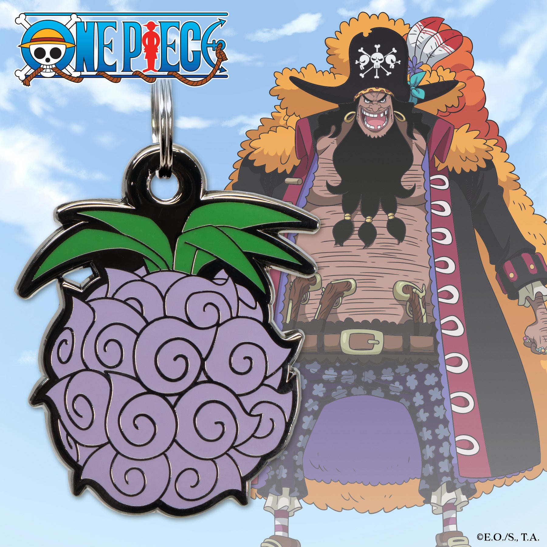Dark-Dark Fruit pet tag from One Piece, designed with purple swirls and green leaves, shown in front of Blackbeard (Marshall D. Teach) with the One Piece logo in the sky.