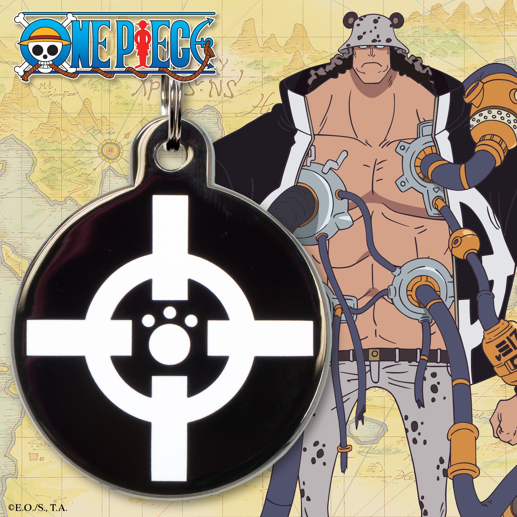 One Piece pet tag featuring Bartholomew Kuma’s Jolly Roger with a white crosshair design on a black circular tag, displayed in front of an illustration of Kuma in his modified cyborg form, set against a vintage map background.