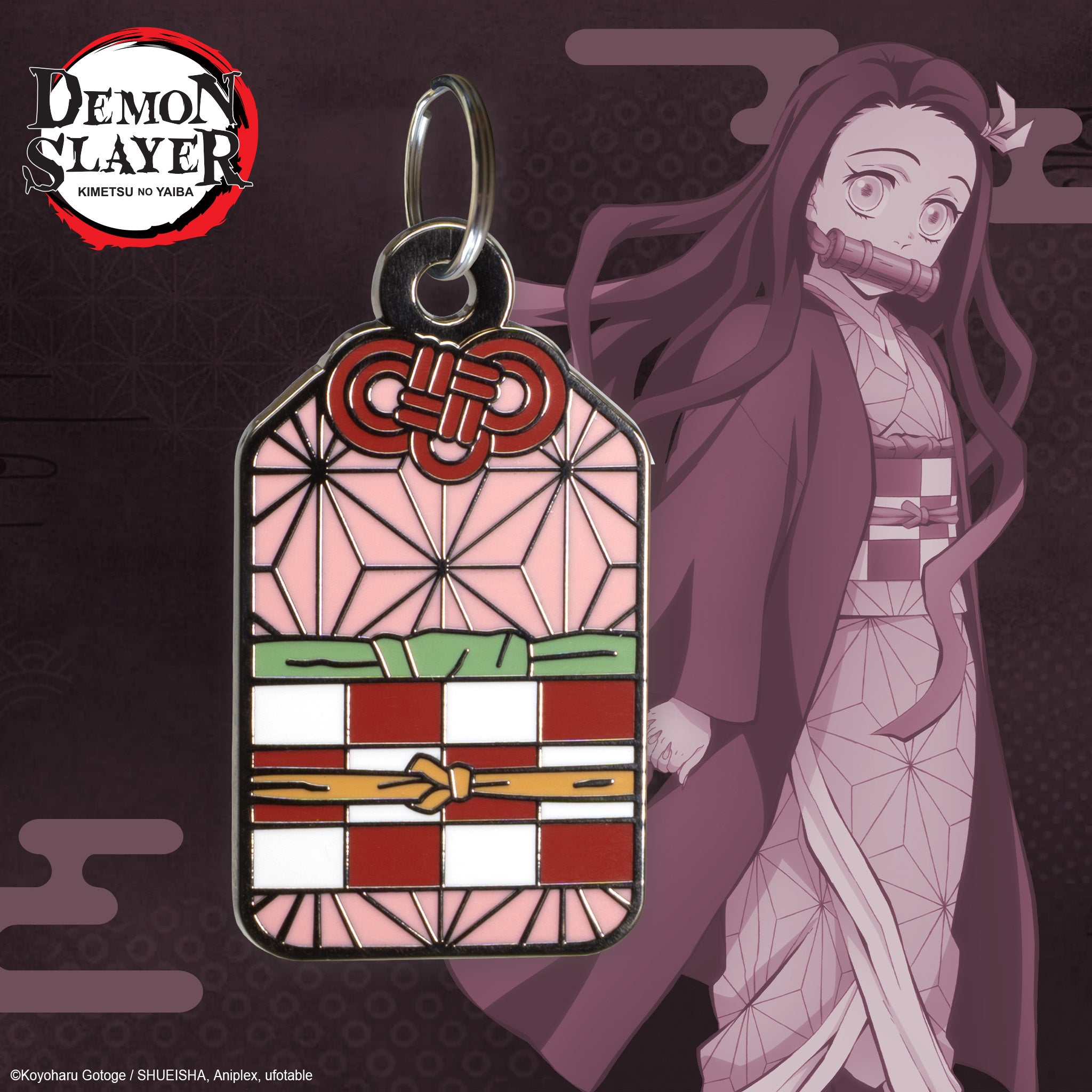 Nezuko Pet Tag with geometric design and character from 'Demon Slayer' in the background
