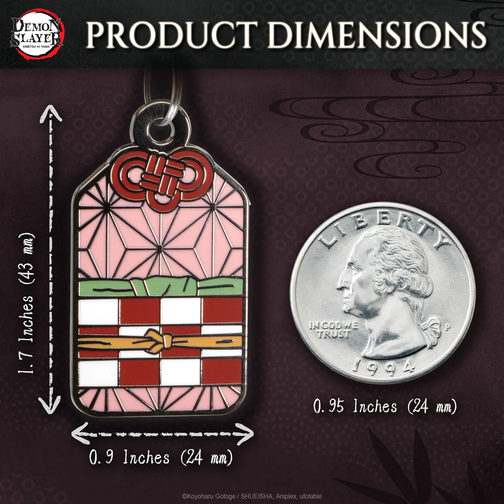 Product dimensions of a a Nezuko Pet Tag with a silver coin for scale on a dark background
