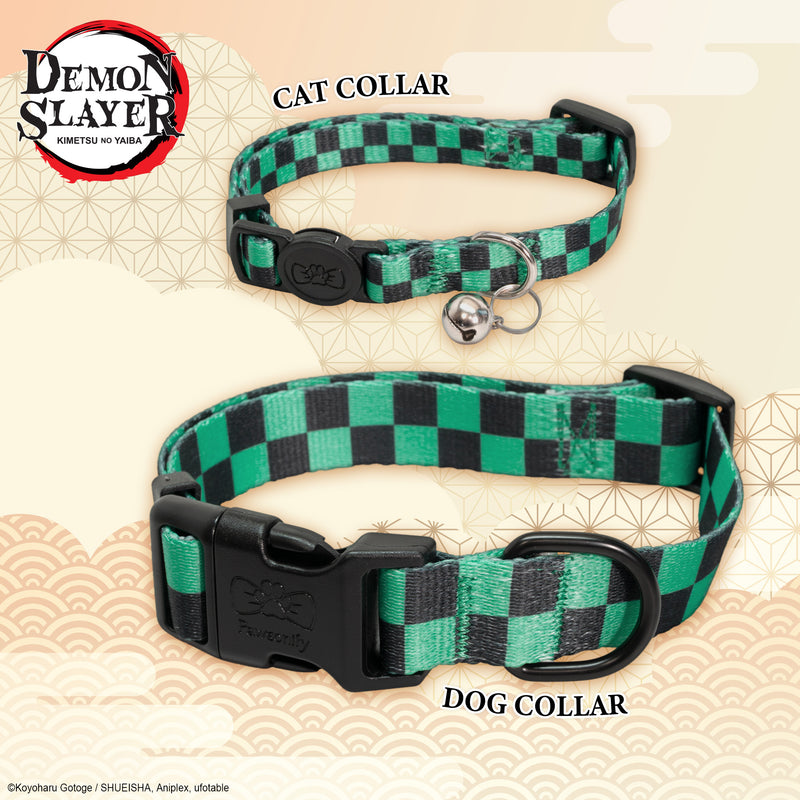 Green and black checkered Demon Slayer Tanjiro Kamado cat and dog collars with breakaway buckle, bell and D-ring by Pawsonify