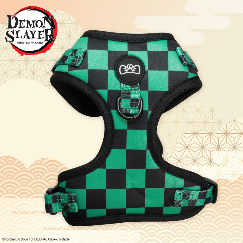 Green and black checkered Demon Slayer Tanjiro Kamado pet harness with D-ring and paw-logo button by Pawsonify