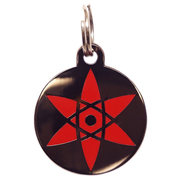 Metal pet tag featuring Naruto Shippuden Mangekyo design for cats and dogs.