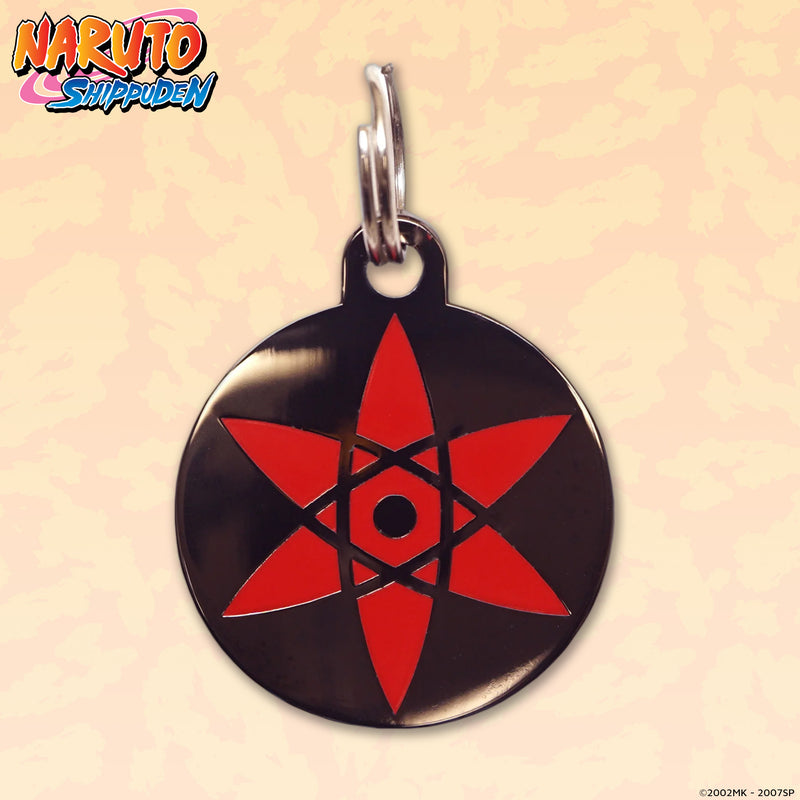 Metal pet tag featuring Naruto Shippuden Mangekyo design for cats and dogs.