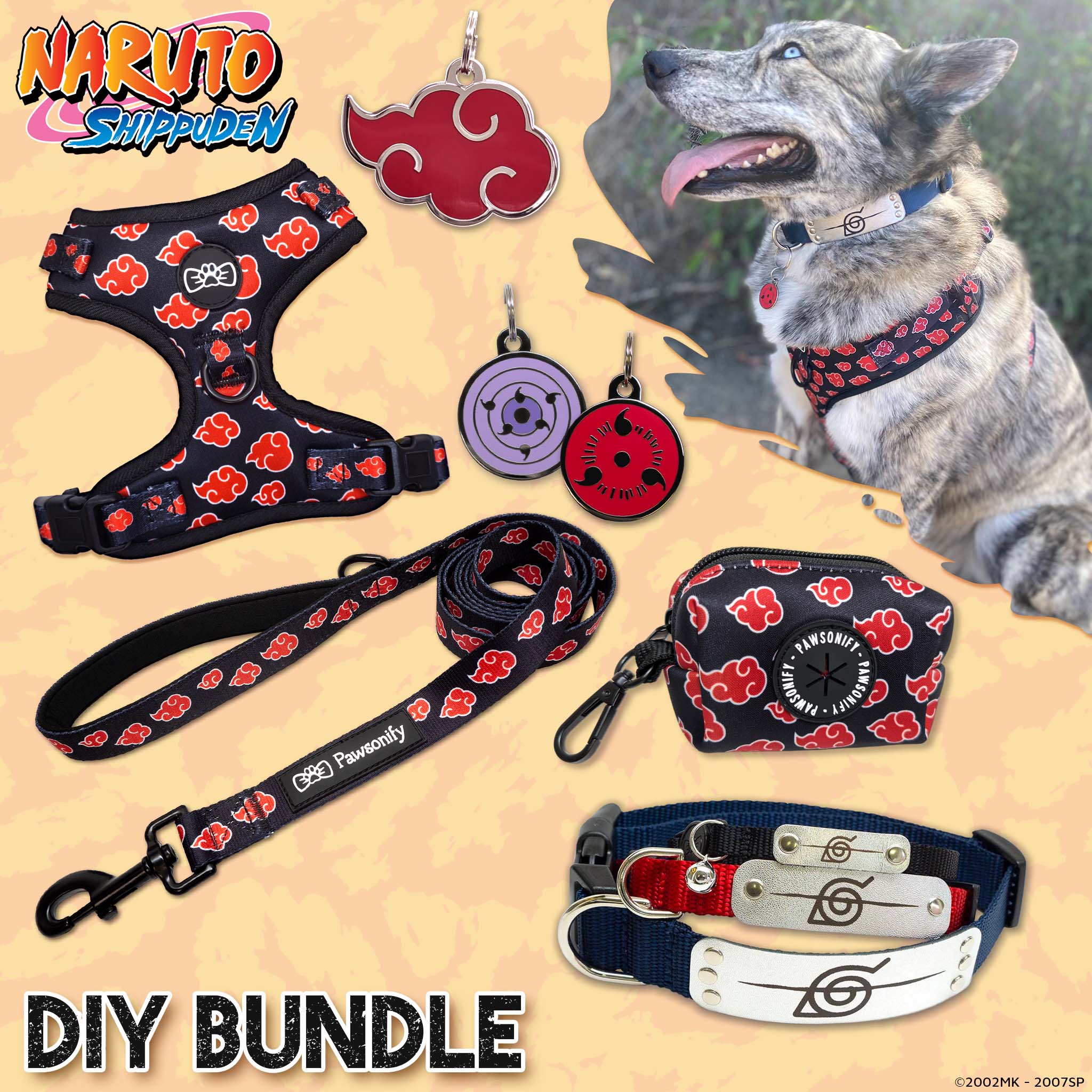 Naruto-themed pet accessories including a harness, leash, and headband on a beige background.