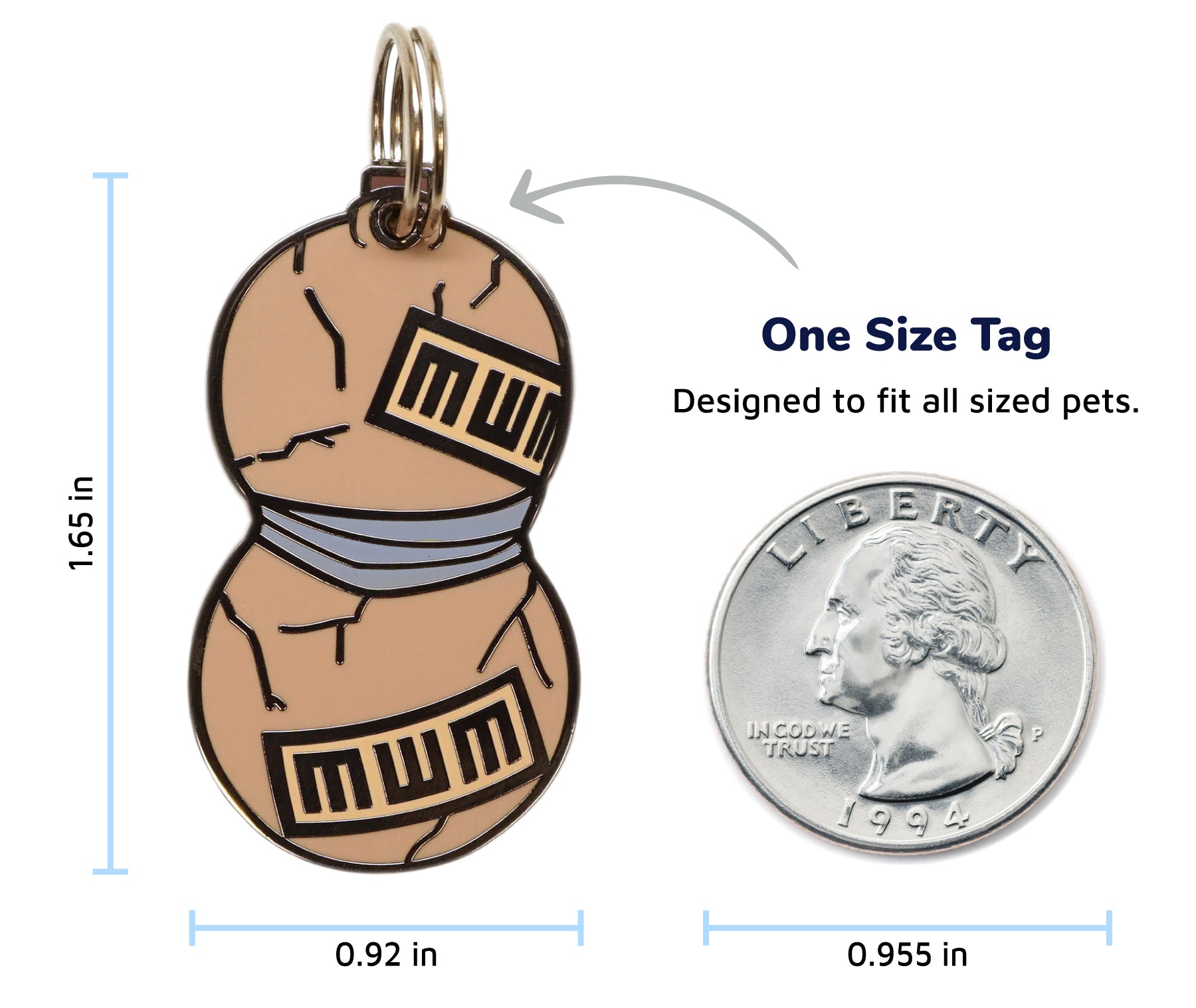 Size comparison of the Gaara Pet Tag, displayed alongside a quarter to illustrate scale.
