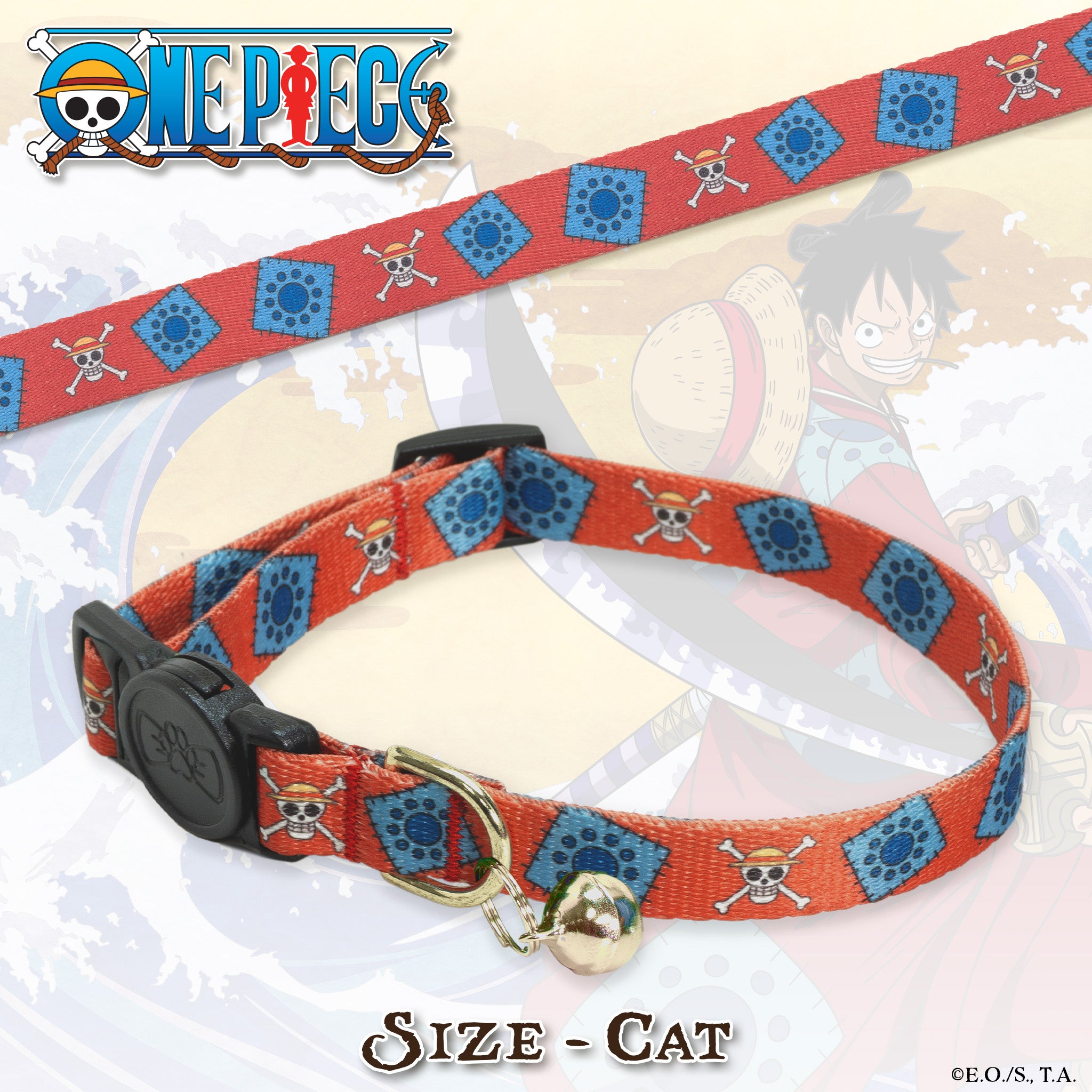 A One Piece themed cat collar featuring a red base with blue diamond patterns and white skull-and-crossbones motifs, shown with a small gold bell and black buckle on a light illustrated background.
