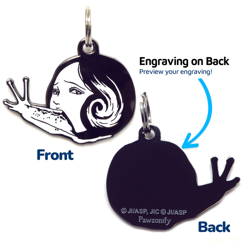 A pet tag featuring Slug Girl, a grotesque character from Junji Ito's manga, with her eerie appearance and slimy body.