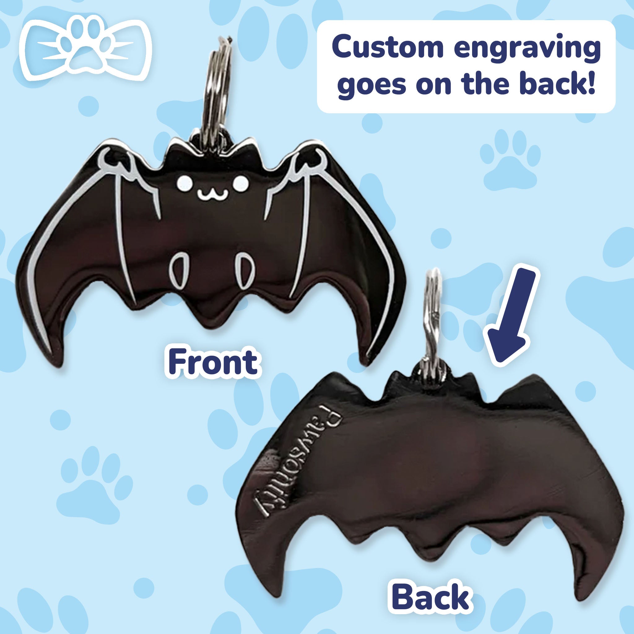 Pawsonify Original Pet Tag – Bat design with engraving preview shown