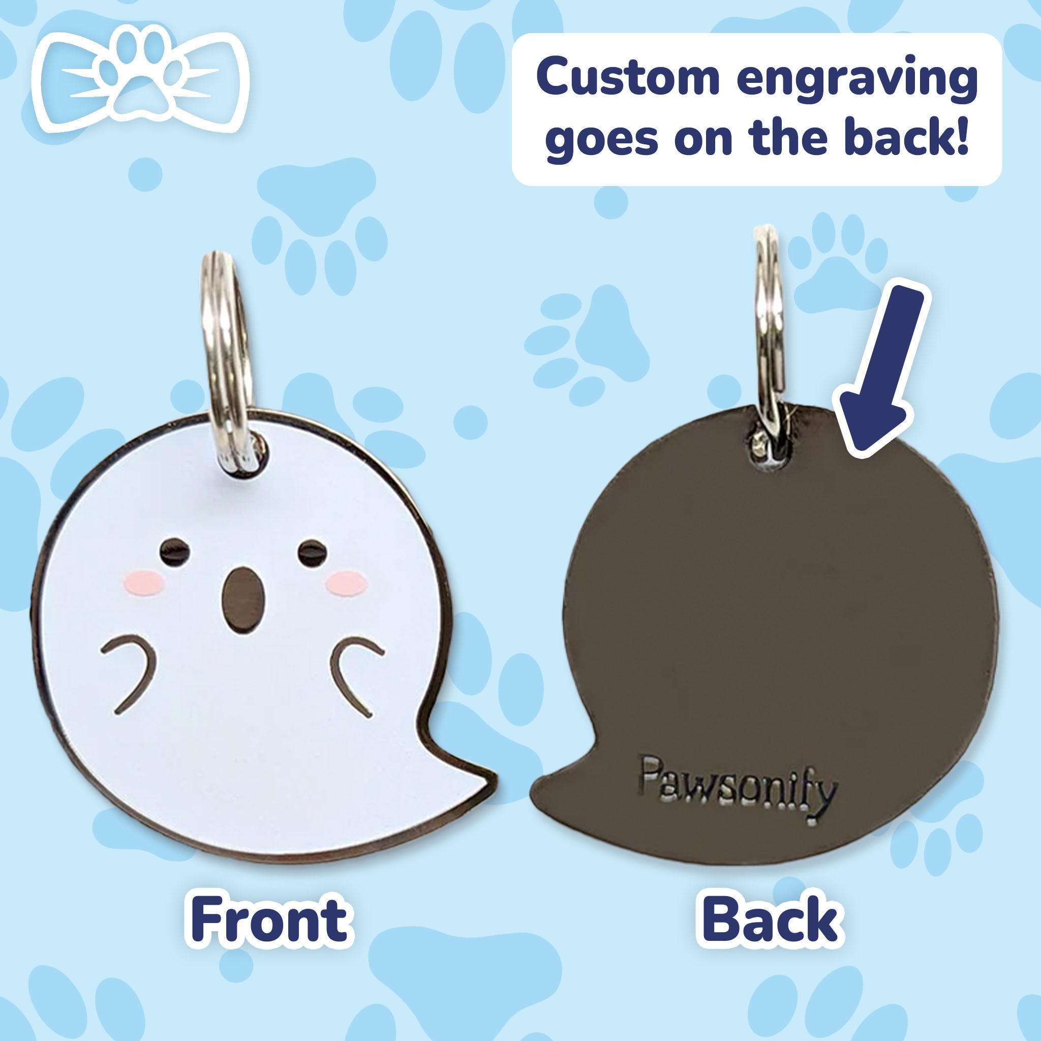Pawsonify Ghost Pet Tag with custom engraving preview